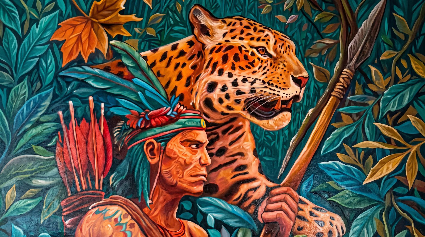 Mural del local: el guerrero amazónico y el otorongo entre hojas de selva