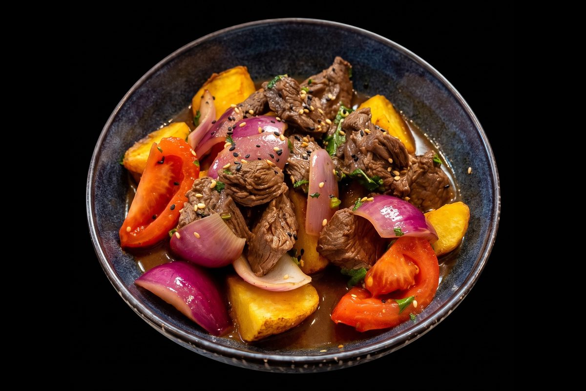 Lomo saltado con papas fritas y arroz