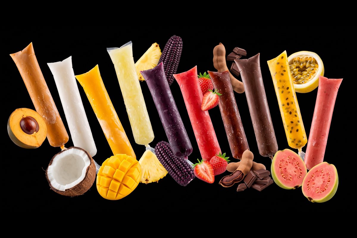 Marcianos de fruta de varios sabores con la fruta de la que salen: mango, coco, maracuyá, fresa, maíz morado